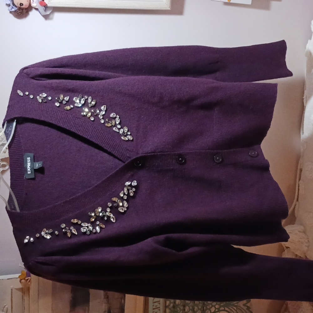 EXPRESS ⚜️ Rheinstone Embellished Puff Sleeve Cardigan Look Sweater  XL